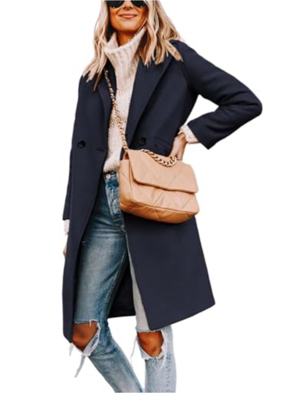 Women's Wool Blend Double Breasted Notch Lapel Mid Long Pea Trench Coat